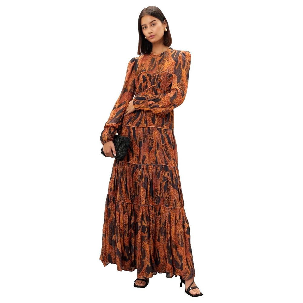 Farm Rio Giraffes Puff Sleeve Tiered Chiffon Maxi Dress XS Burnt Orange RP$315 - Picture 2 of 16